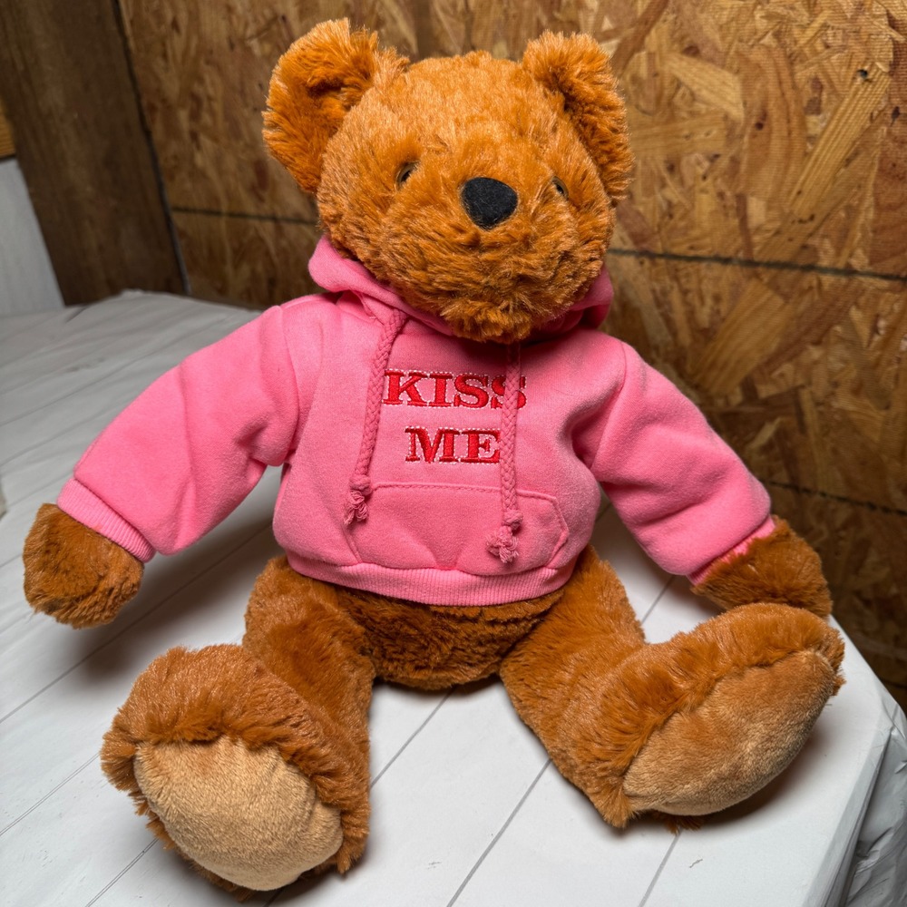 "Kiss Me" Plush Teddy Bear in Pink Hoodie Outfit 12" Valentine's Romance Gift - Picture 2 of 5